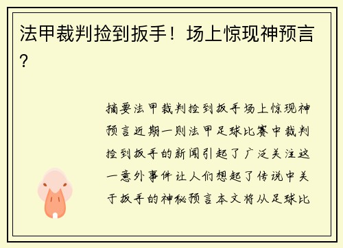 法甲裁判捡到扳手！场上惊现神预言？
